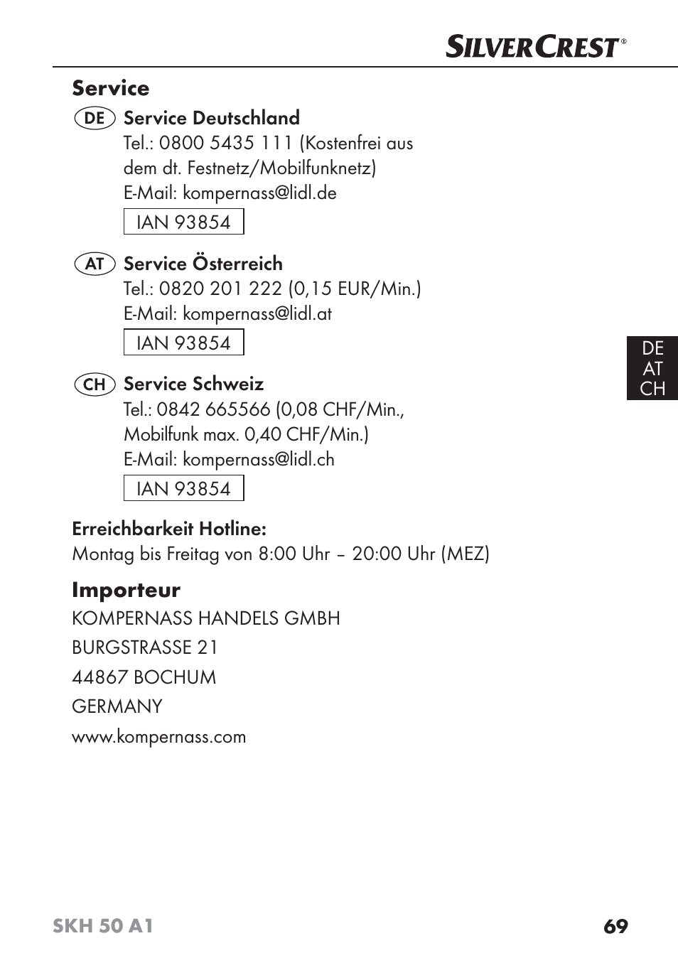 Service, Importeur | Silvercrest SKH 50 A1 User Manual | Page 72 / 73
