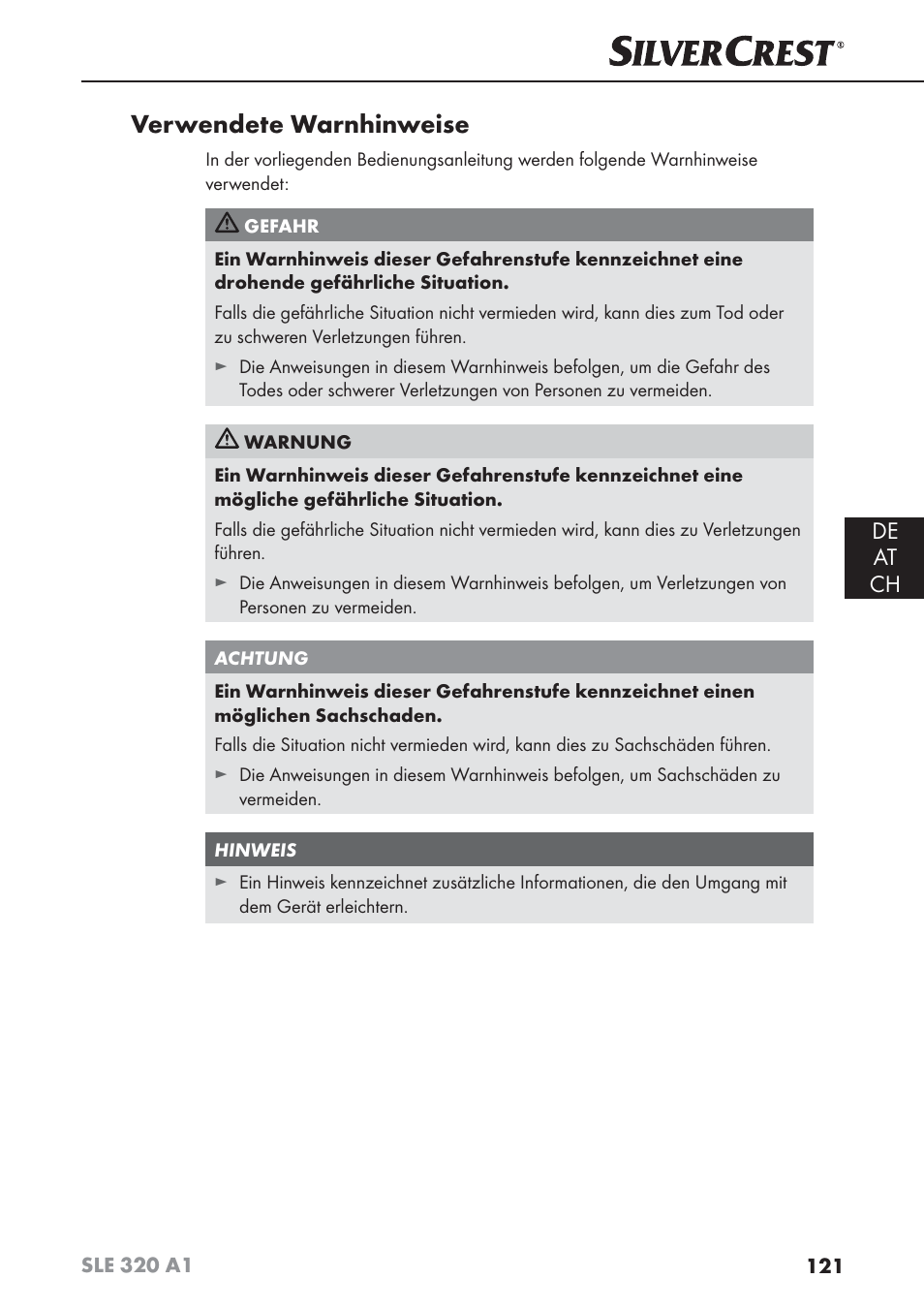Verwendete warnhinweise, De at ch | Silvercrest SLE 320 A1 User Manual | Page 124 / 146