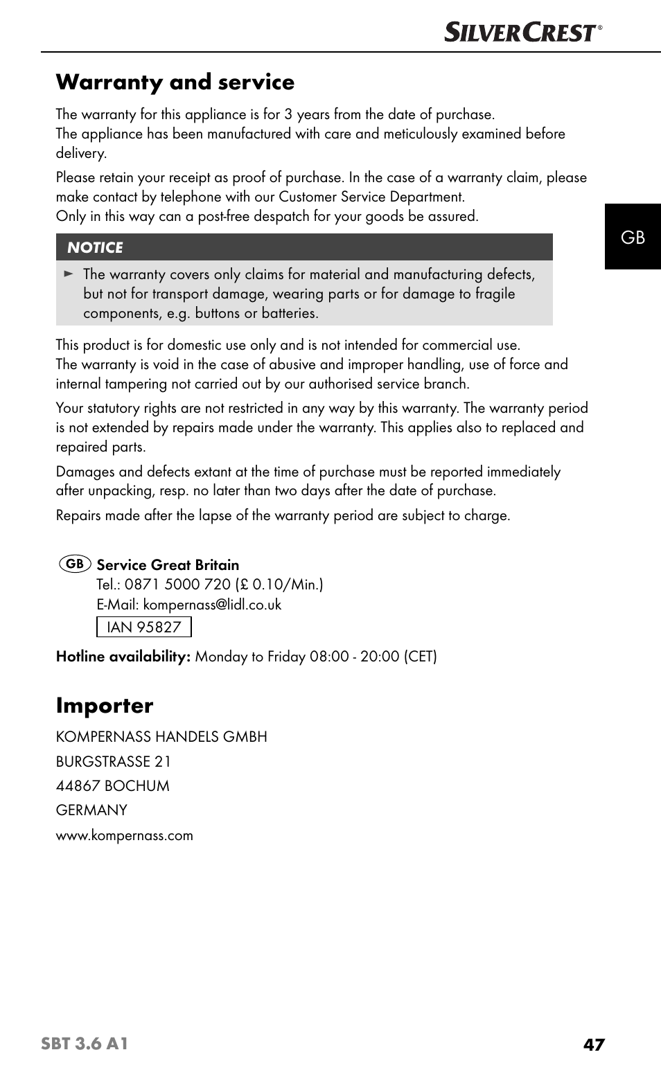 Warranty and service, Importer | Silvercrest SBT 3.6 A1 User Manual | Page 50 / 51
