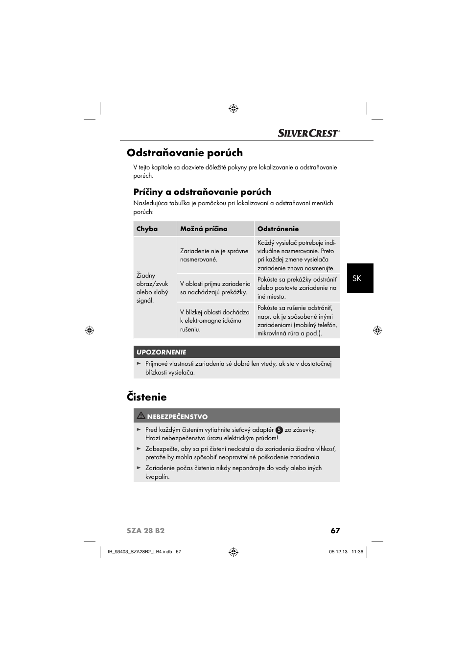 Odstraňovanie porúch, Čistenie, Príčiny a odstraňovanie porúch | Silvercrest SZA 28 B2 User Manual | Page 70 / 88