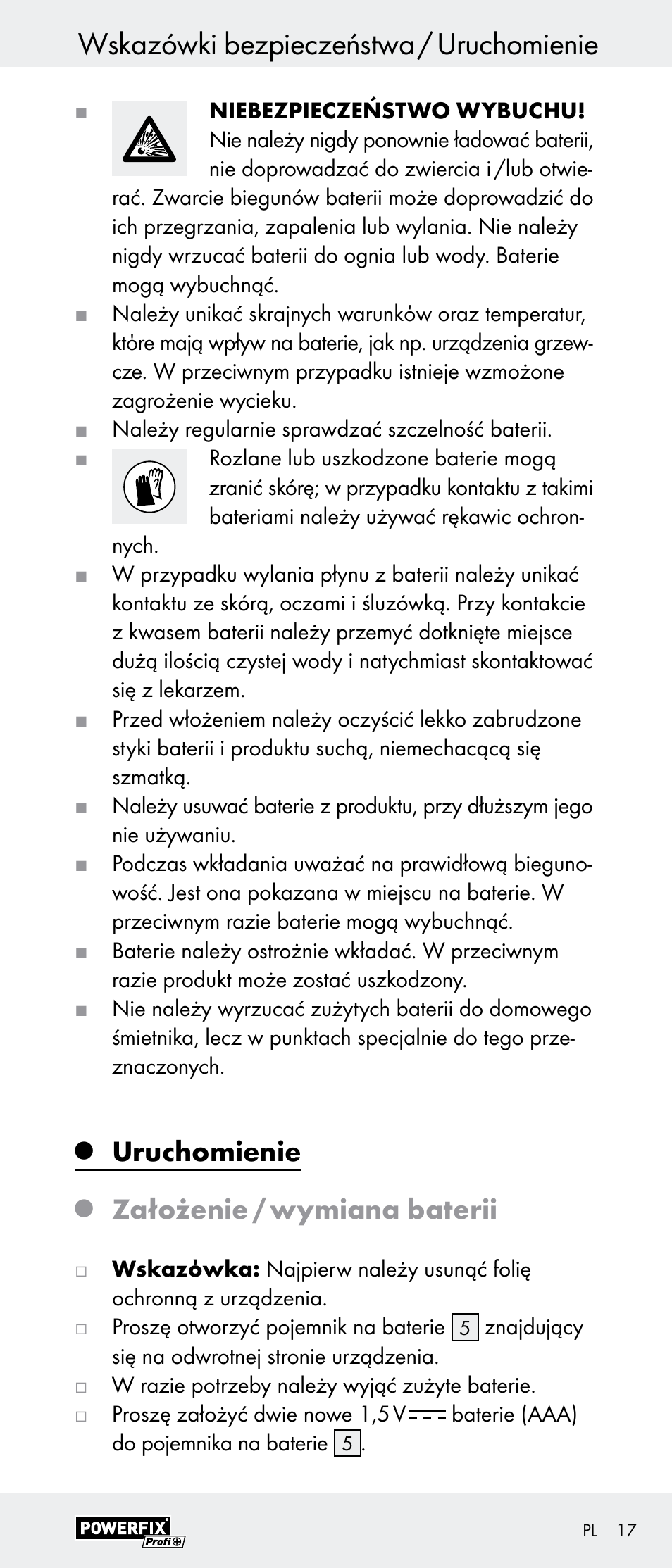 Wskazówki bezpieczeństwa / uruchomienie, Uruchomienie, Założenie / wymiana baterii | Powerfix Z29948 User Manual | Page 17 / 55