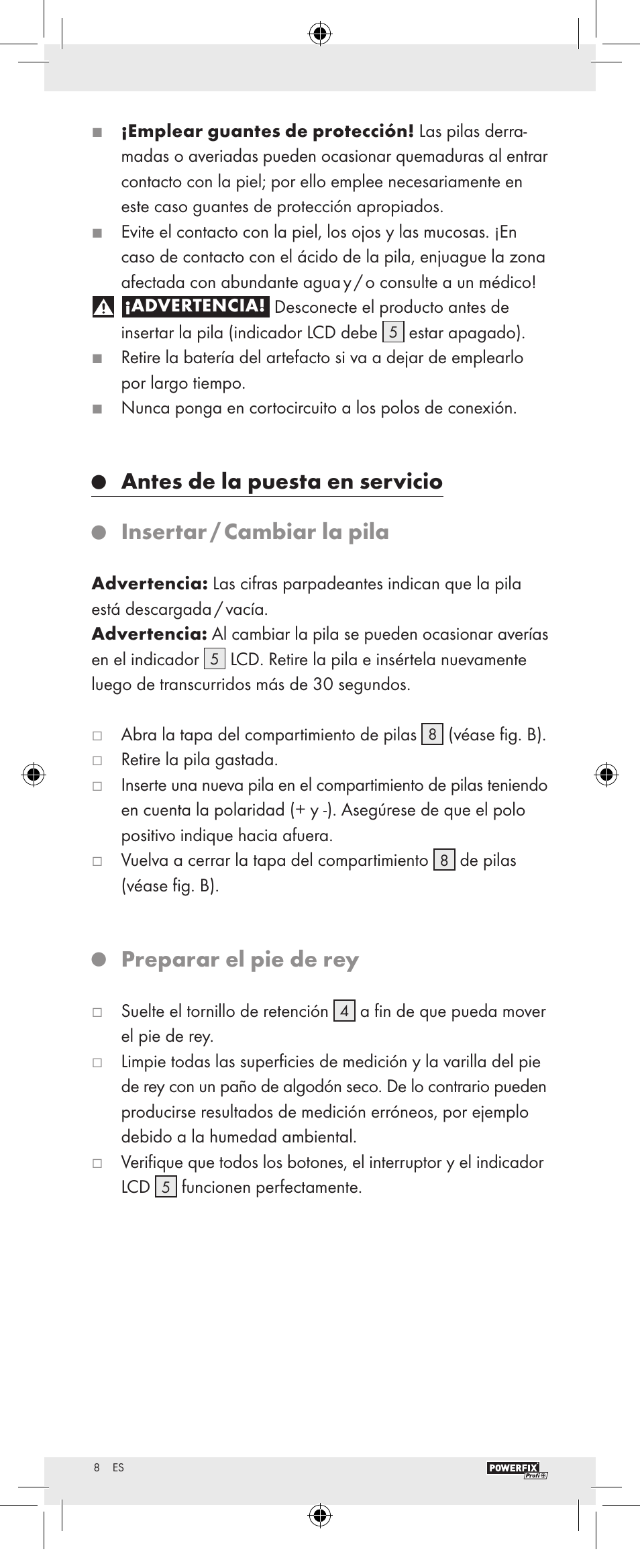 Antes de la puesta en servicio, Insertar / cambiar la pila, Preparar el pie de rey | Powerfix Z22855 User Manual | Page 10 / 46