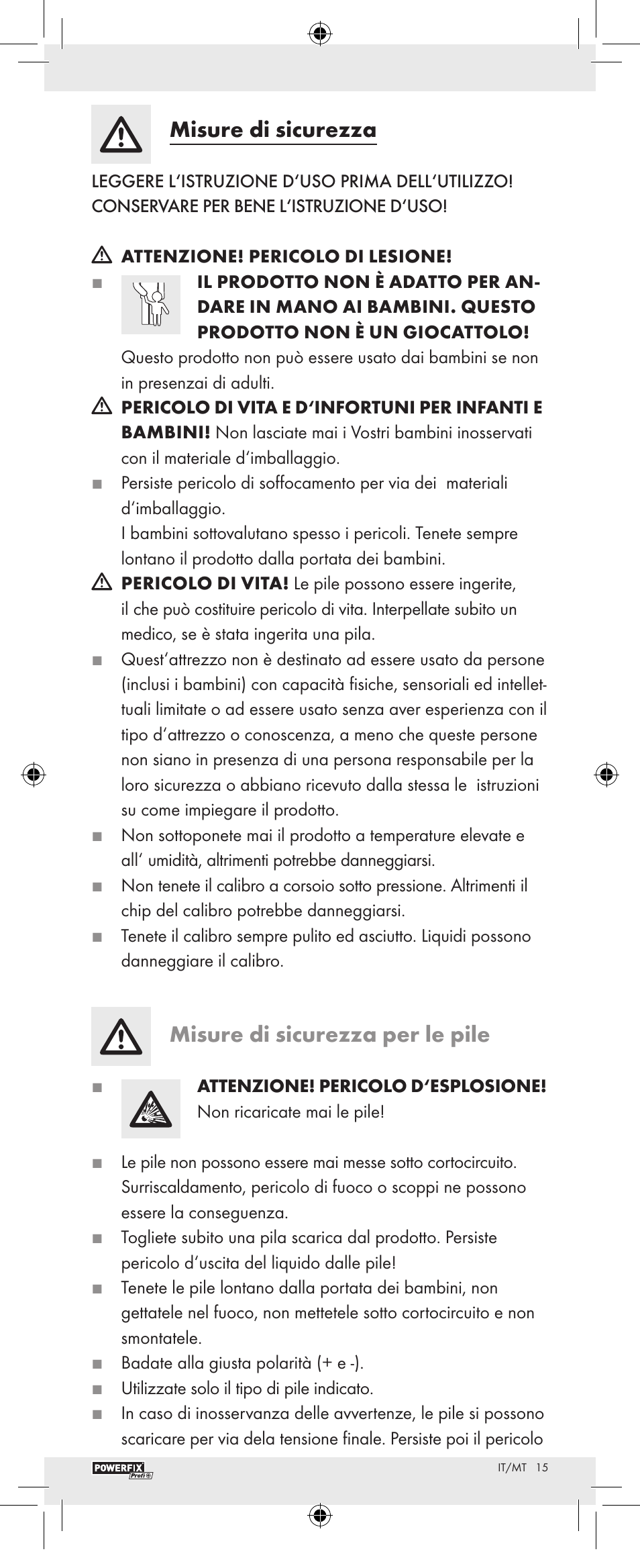Misure di sicurezza, Misure di sicurezza per le pile | Powerfix Z22855 User Manual | Page 17 / 46
