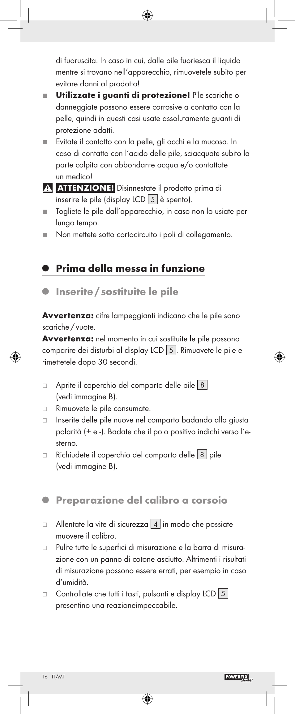 Prima della messa in funzione, Inserite / sostituite le pile, Preparazione del calibro a corsoio | Powerfix Z22855 User Manual | Page 18 / 46