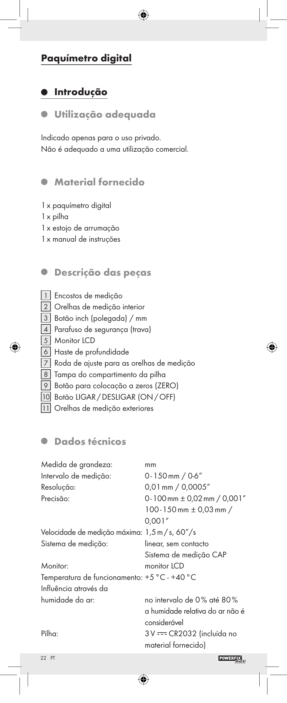 Paquímetro digital, Introdução, Utilização adequada | Material fornecido, Descrição das peças, Dados técnicos | Powerfix Z22855 User Manual | Page 24 / 46