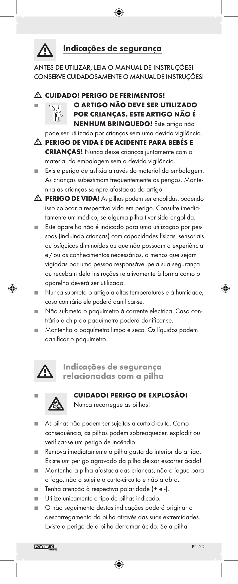 Indicações de segurança, Indicações de segurança relacionadas com a pilha | Powerfix Z22855 User Manual | Page 25 / 46