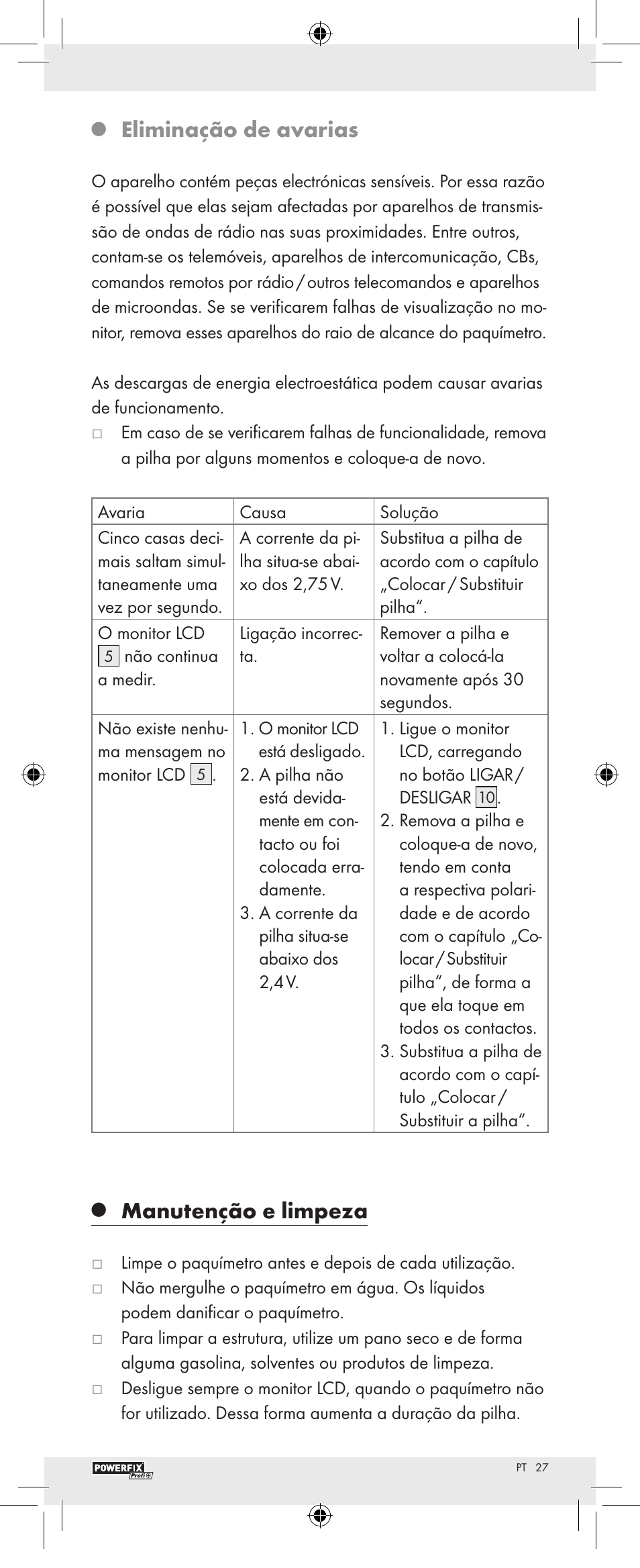Eliminação de avarias, Manutenção e limpeza | Powerfix Z22855 User Manual | Page 29 / 46