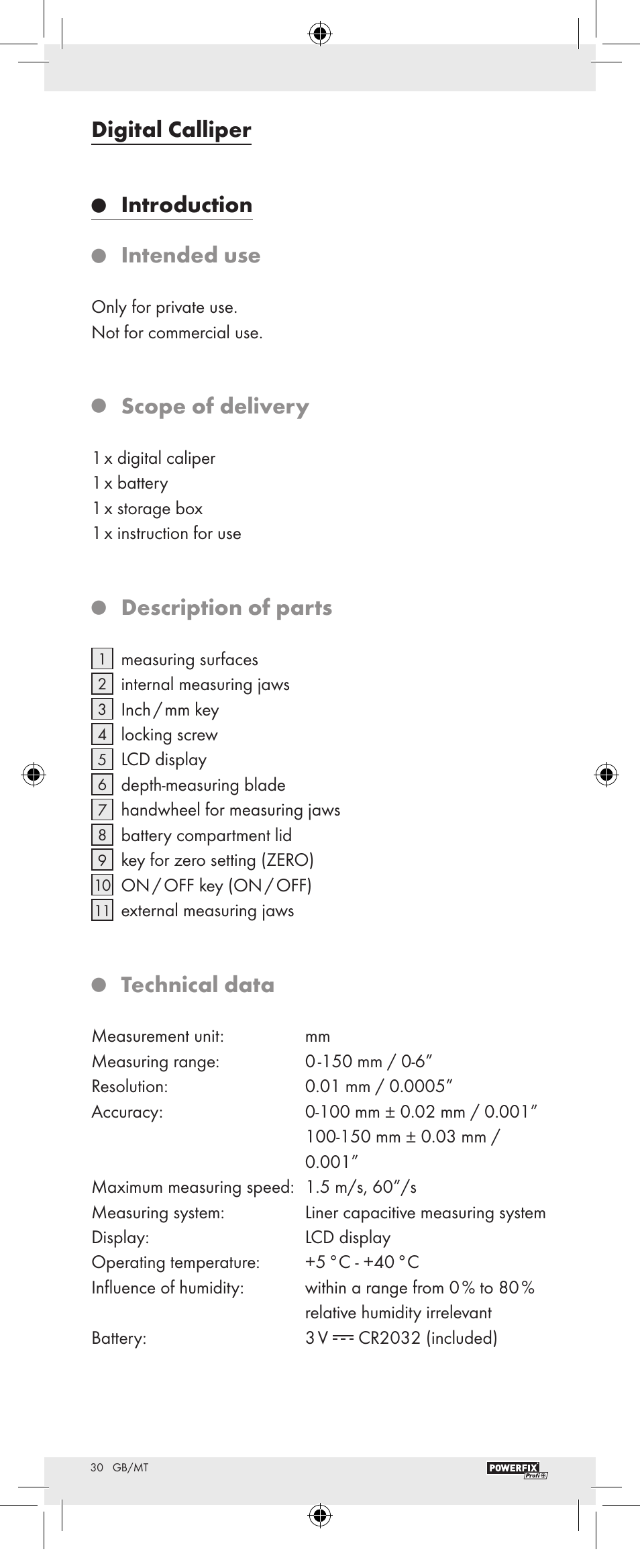 Digital calliper, Introduction, Intended use | Scope of delivery, Description of parts, Technical data | Powerfix Z22855 User Manual | Page 32 / 46