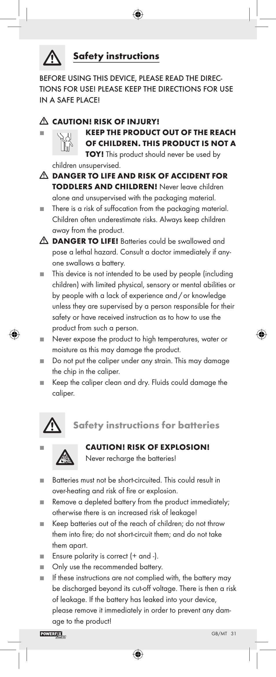Safety instructions, Safety instructions for batteries | Powerfix Z22855 User Manual | Page 33 / 46