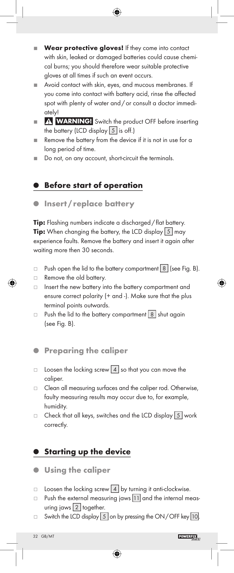 Before start of operation, Insert / replace battery, Preparing the caliper | Starting up the device, Using the caliper | Powerfix Z22855 User Manual | Page 34 / 46