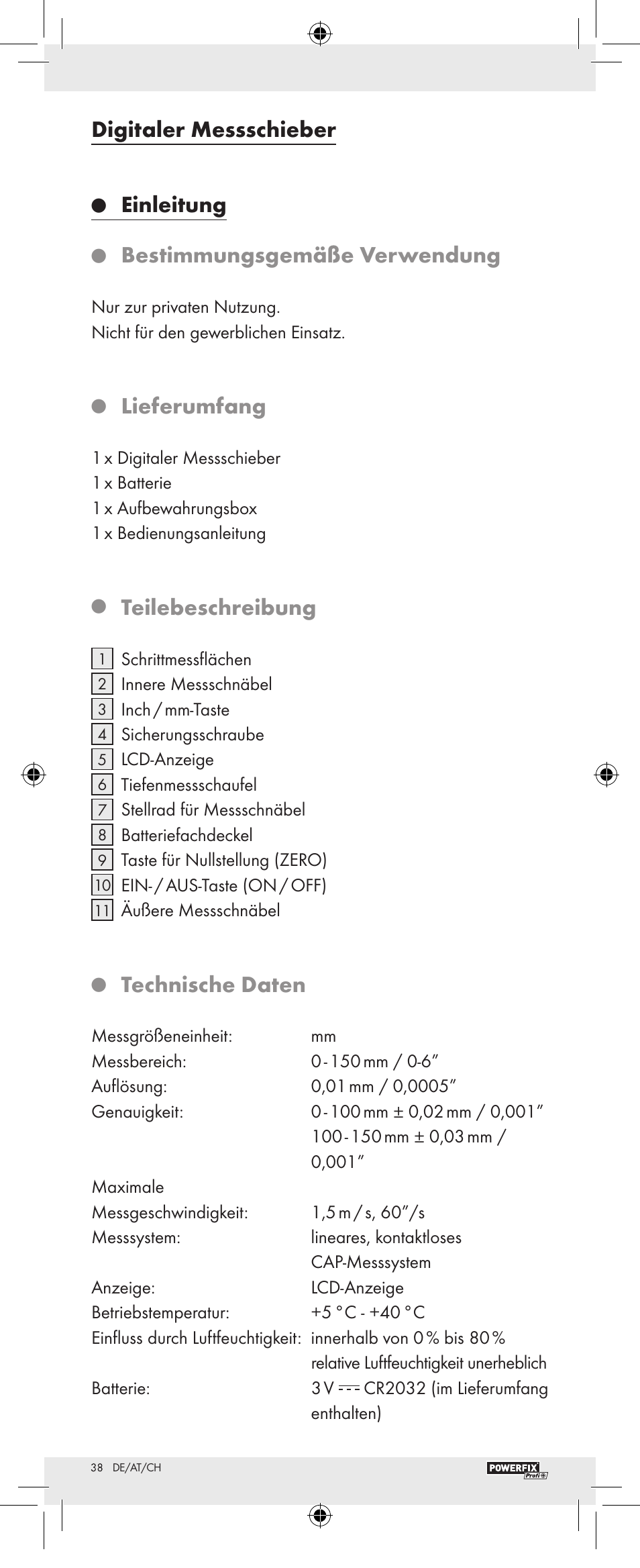 Digitaler messschieber, Einleitung, Bestimmungsgemäße verwendung | Lieferumfang, Teilebeschreibung, Technische daten | Powerfix Z22855 User Manual | Page 40 / 46