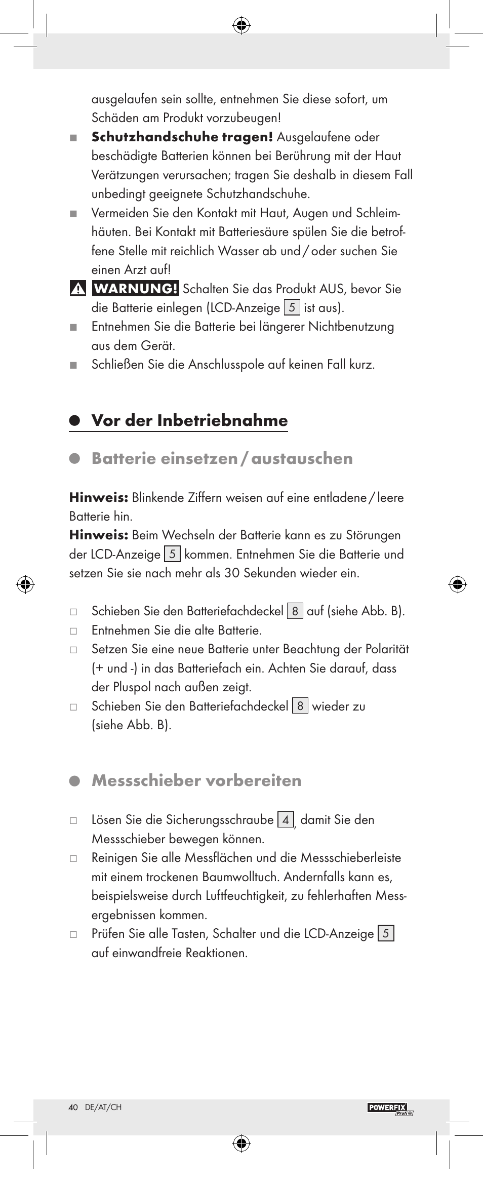 Vor der inbetriebnahme, Batterie einsetzen / austauschen, Messschieber vorbereiten | Powerfix Z22855 User Manual | Page 42 / 46