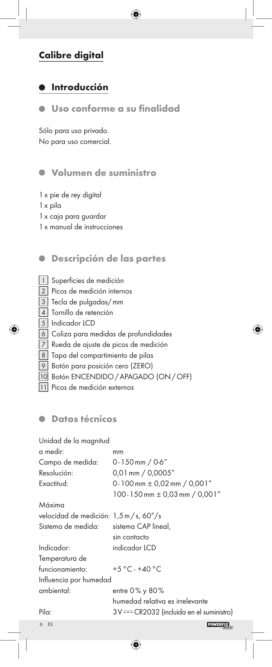 Calibre digital, Introducción, Uso conforme a su finalidad | Volumen de suministro, Descripción de las partes, Datos técnicos | Powerfix Z22855 User Manual | Page 8 / 46