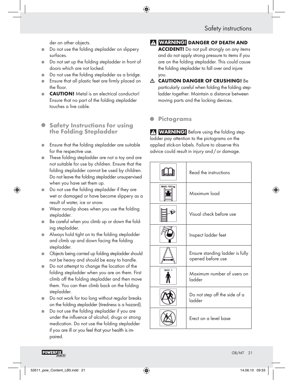 Safety instructions, Pictograms | Powerfix Z29815 User Manual | Page 19 / 26
