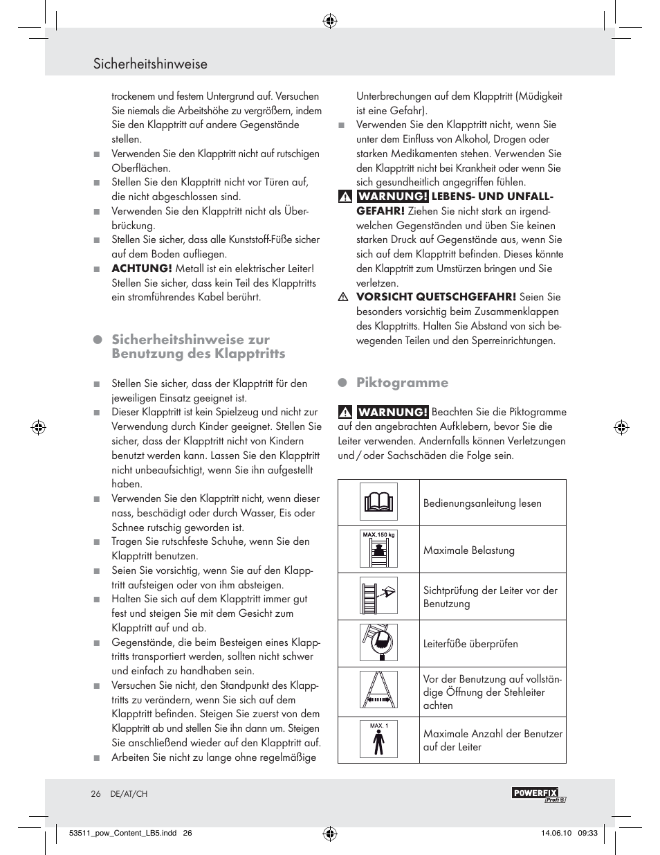 Sicherheitshinweise, Sicherheitshinweise zur benutzung des klapptritts, Piktogramme | Powerfix Z29815 User Manual | Page 24 / 26