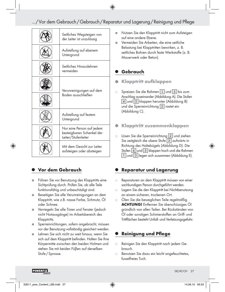 Vor dem gebrauch, Gebrauch, Klapptritt aufklappen | Klapptritt zusammenklappen, Reparatur und lagerung, Reinigung und pﬂege | Powerfix Z29815 User Manual | Page 25 / 26