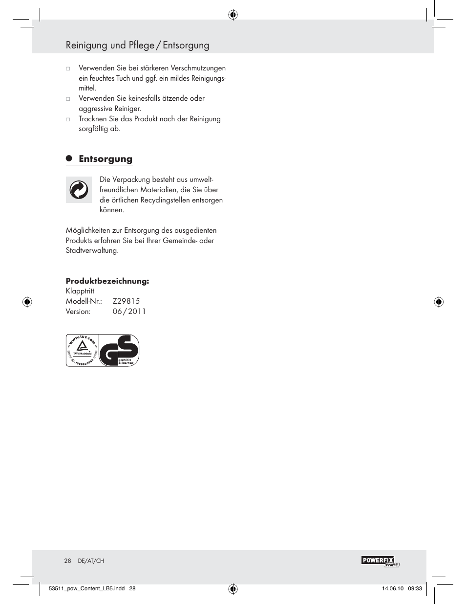 Reinigung und pflege / entsorgung, Entsorgung | Powerfix Z29815 User Manual | Page 26 / 26