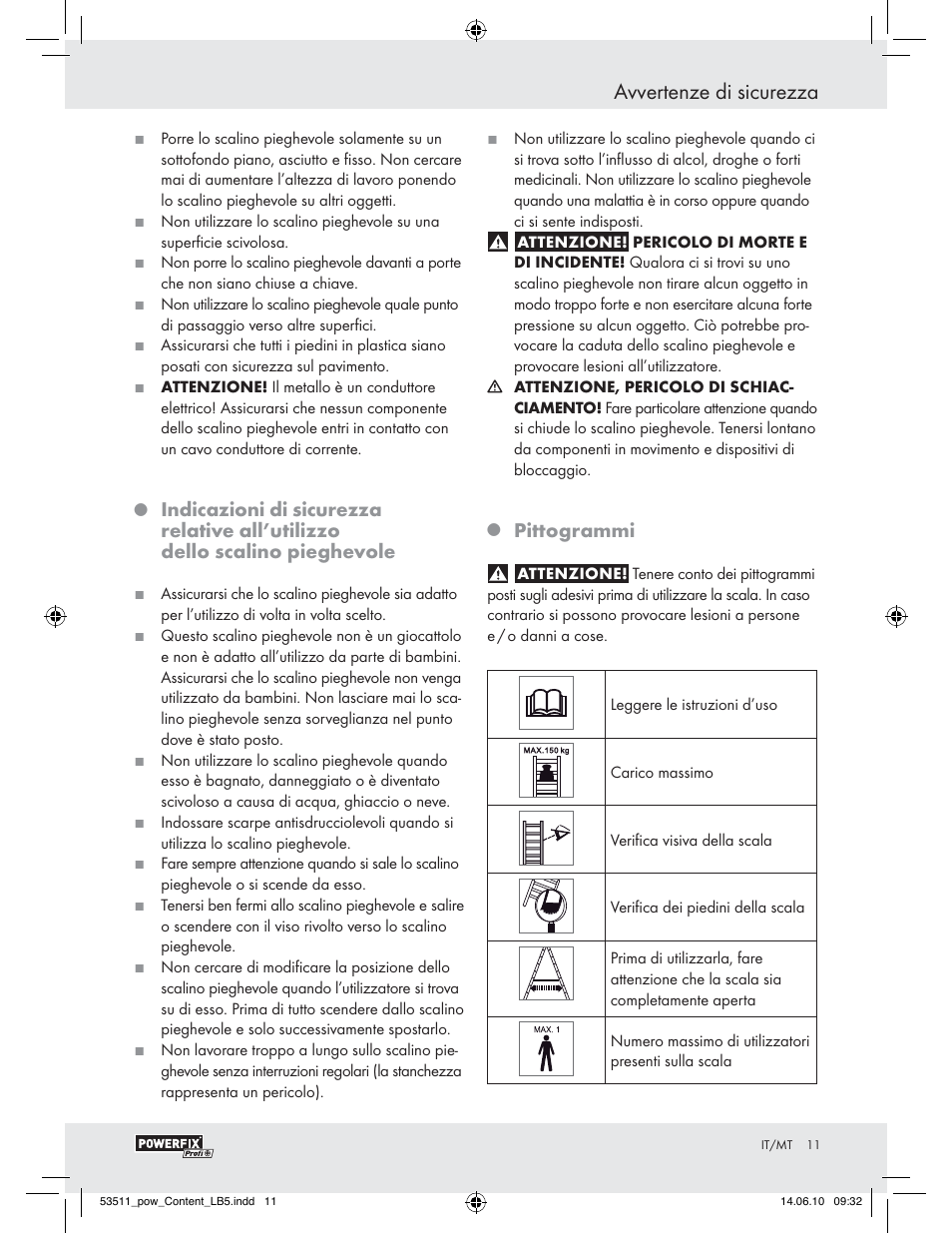 Avvertenze di sicurezza, Pittogrammi | Powerfix Z29815 User Manual | Page 9 / 26