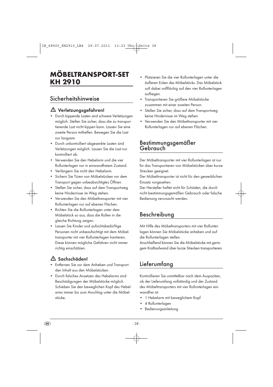 Möbeltransport-set kh 2910, Sicherheitshinweise, Bestimmungsgemäßer gebrauch | Beschreibung, Lieferumfang | Powerfix KH 2910 User Manual | Page 40 / 44
