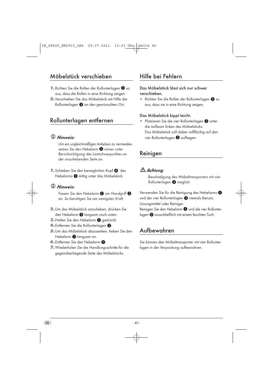 Möbelstück verschieben, Rollunterlagen entfernen, Hilfe bei fehlern | Reinigen, Aufbewahren | Powerfix KH 2910 User Manual | Page 42 / 44