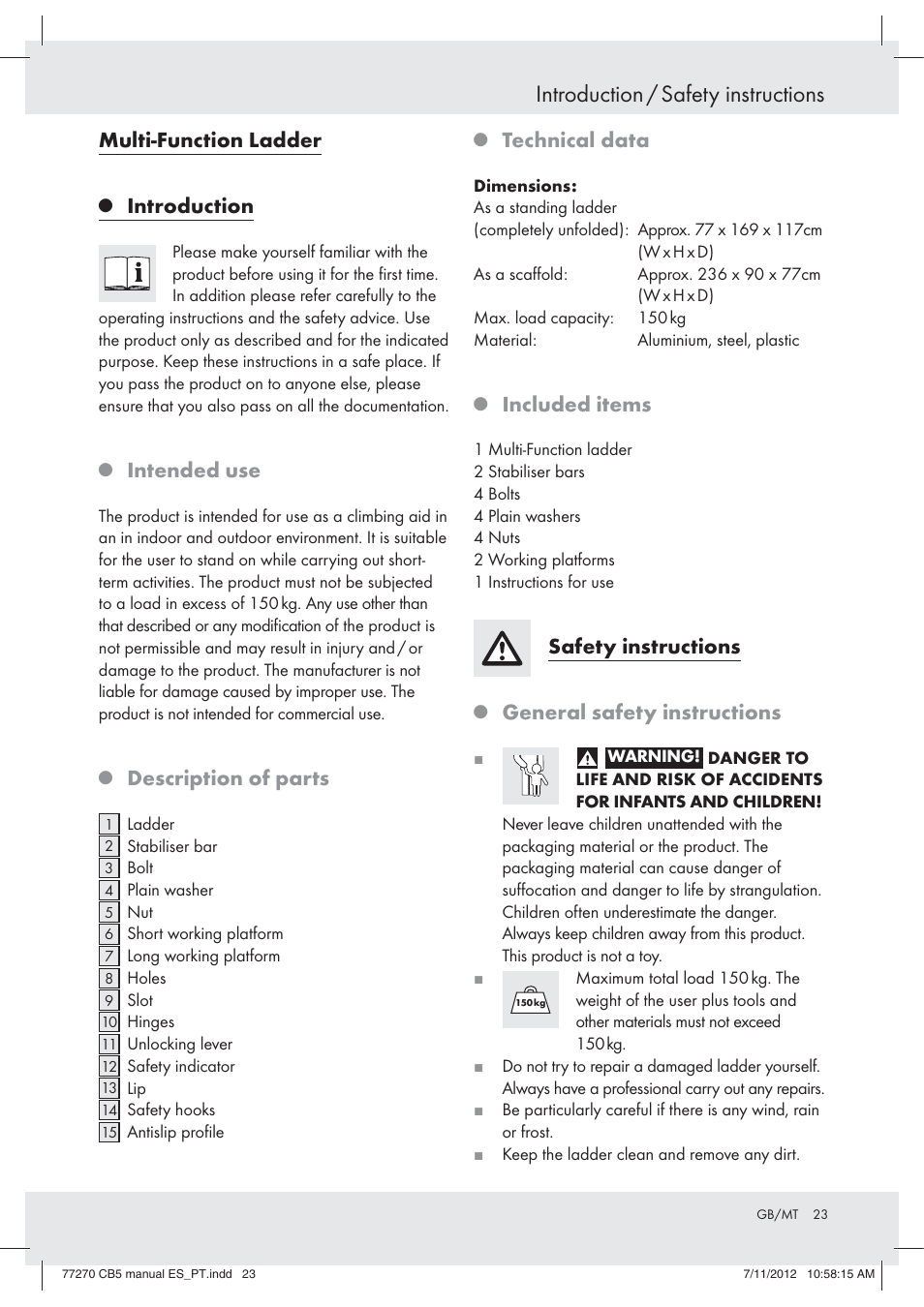 Introduction / safety instructions, Multi-function ladder, Introduction | Intended use, Description of parts, Technical data, Included items, Safety instructions, General safety instructions | Powerfix Z30473 User Manual | Page 23 / 37
