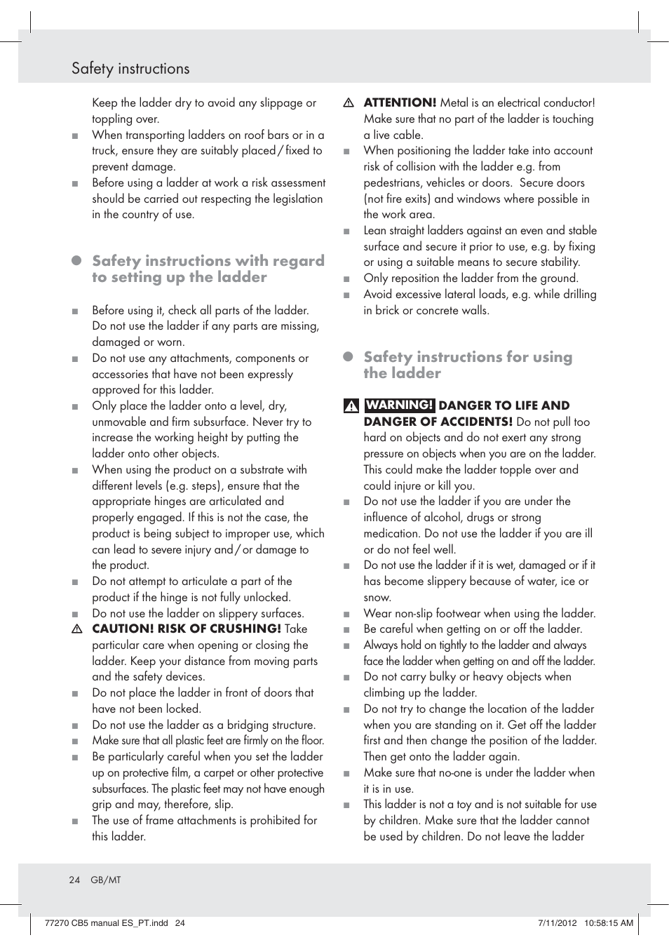 Safety instructions, Safety instructions for using the ladder | Powerfix Z30473 User Manual | Page 24 / 37