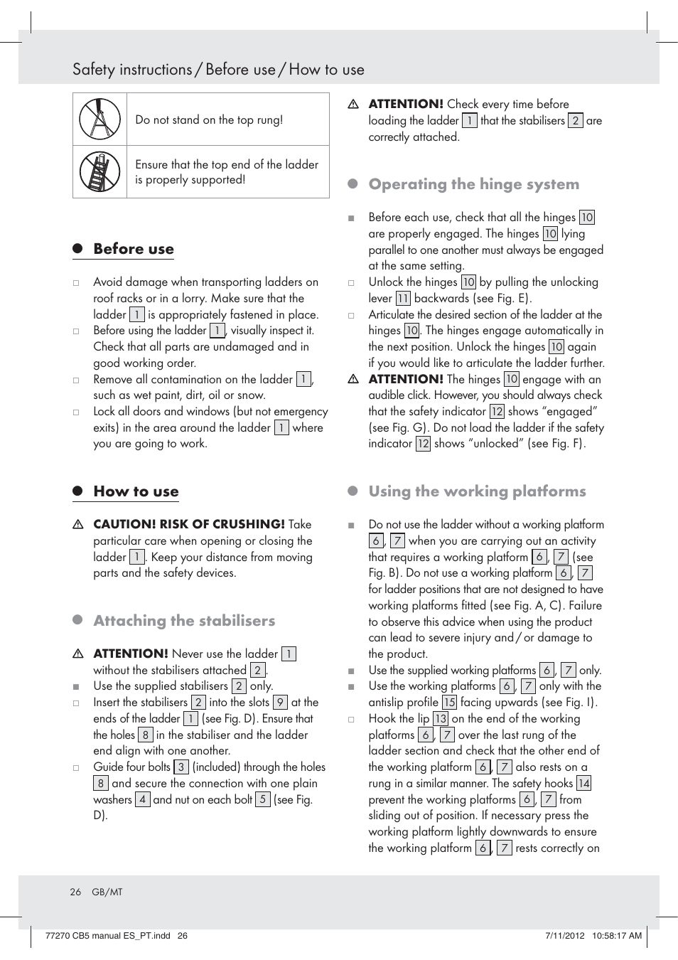 Safety instructions / before use / how to use, Before use, How to use | Attaching the stabilisers, Operating the hinge system, Using the working platforms | Powerfix Z30473 User Manual | Page 26 / 37
