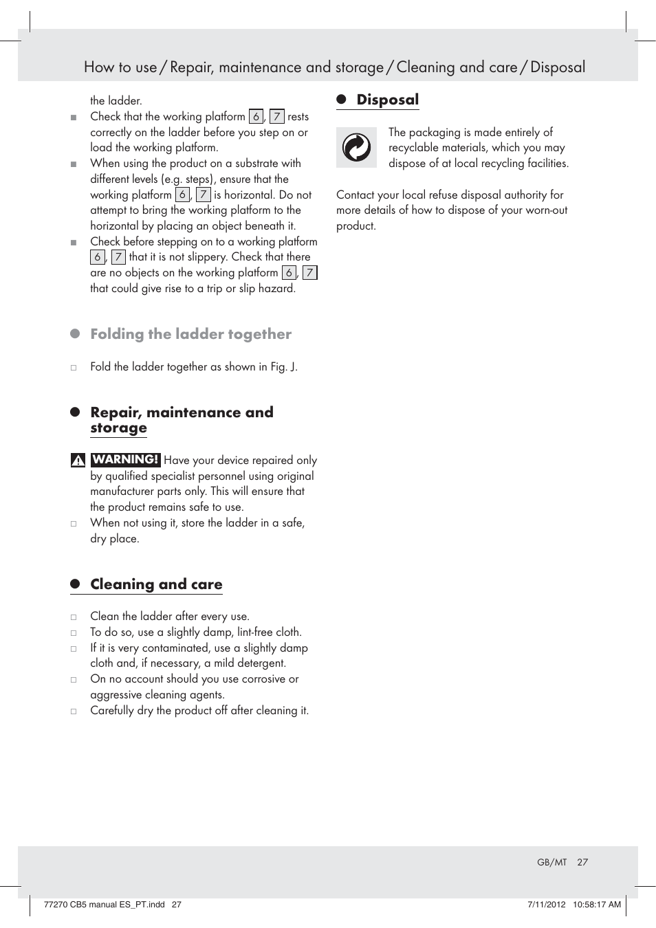 Folding the ladder together, Repair, maintenance and storage, Cleaning and care | Disposal | Powerfix Z30473 User Manual | Page 27 / 37