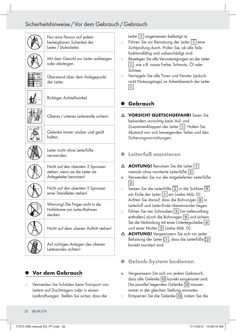 Sicherheitshinweise / vor dem gebrauch / gebrauch, Vor dem gebrauch, Gebrauch | Leiterfuß montieren, Gelenk-system bedienen | Powerfix Z30473 User Manual | Page 32 / 37