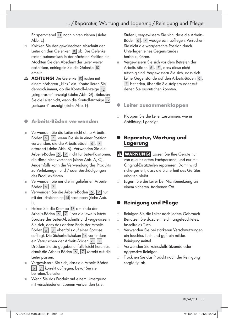 Arbeits-böden verwenden, Leiter zusammenklappen, Reparatur, wartung und lagerung | Reinigung und pﬂege | Powerfix Z30473 User Manual | Page 33 / 37
