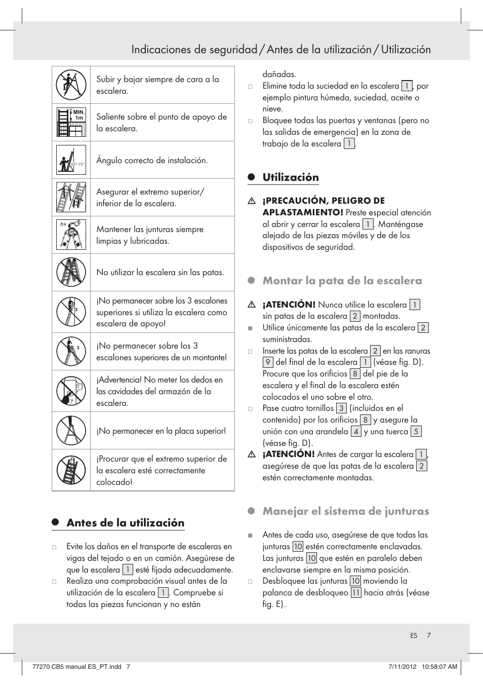 Antes de la utilización, Utilización, Montar la pata de la escalera | Manejar el sistema de junturas | Powerfix Z30473 User Manual | Page 7 / 37