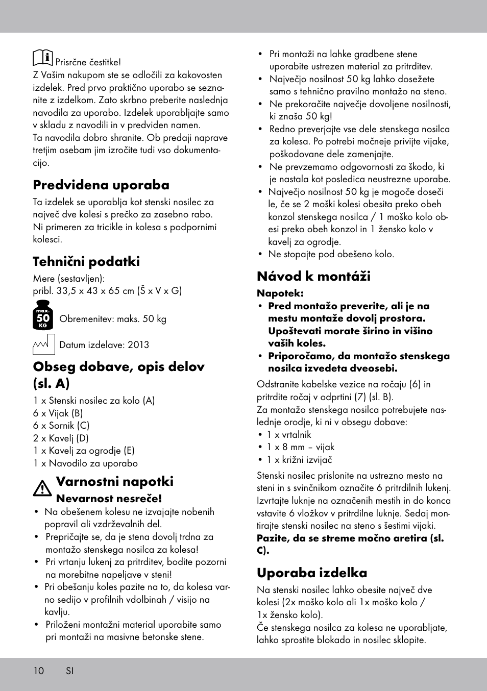 Predvidena uporaba, Tehnični podatki, Obseg dobave, opis delov (sl. a) | Varnostni napotki, Návod k montáži, Uporaba izdelka | Powerfix Bicycle Wall Bracket User Manual | Page 10 / 20