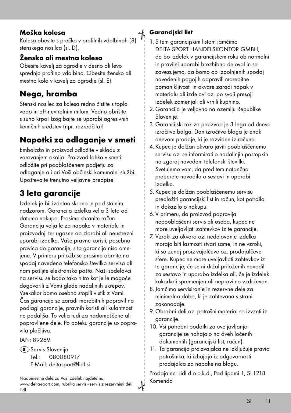 Nega, hramba, Napotki za odlaganje v smeti, 3 leta garancije | Powerfix Bicycle Wall Bracket User Manual | Page 11 / 20
