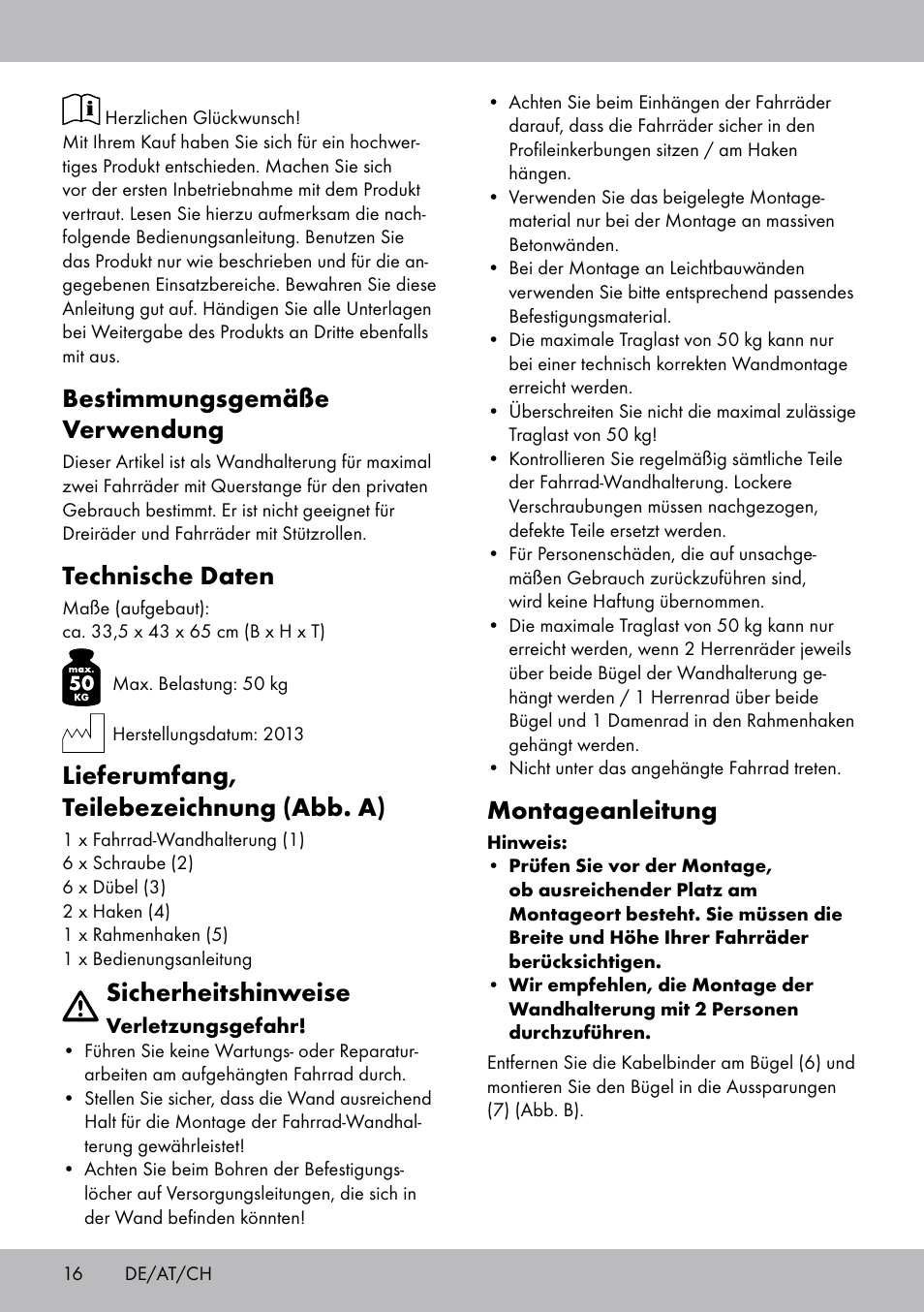 Bestimmungsgemäße verwendung, Technische daten, Lieferumfang, teilebezeichnung (abb. a) | Sicherheitshinweise, Montageanleitung | Powerfix Bicycle Wall Bracket User Manual | Page 16 / 20