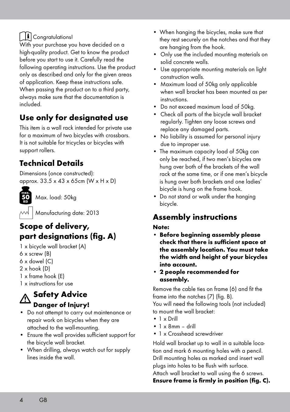 Use only for designated use, Technical details, Scope of delivery, part designations (fig. a) | Safety advice, Assembly instructions | Powerfix Bicycle Wall Bracket User Manual | Page 4 / 20