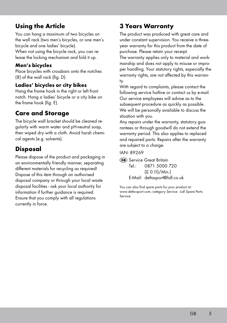 Using the article, Care and storage, Disposal | 3 years warranty | Powerfix Bicycle Wall Bracket User Manual | Page 5 / 20