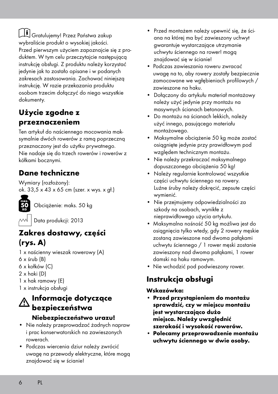 Użycie zgodne z przeznaczeniem, Dane techniczne, Zakres dostawy, części (rys. a) | Informacje dotyczące bezpieczeństwa, Instrukcja obsługi | Powerfix Bicycle Wall Bracket User Manual | Page 6 / 20