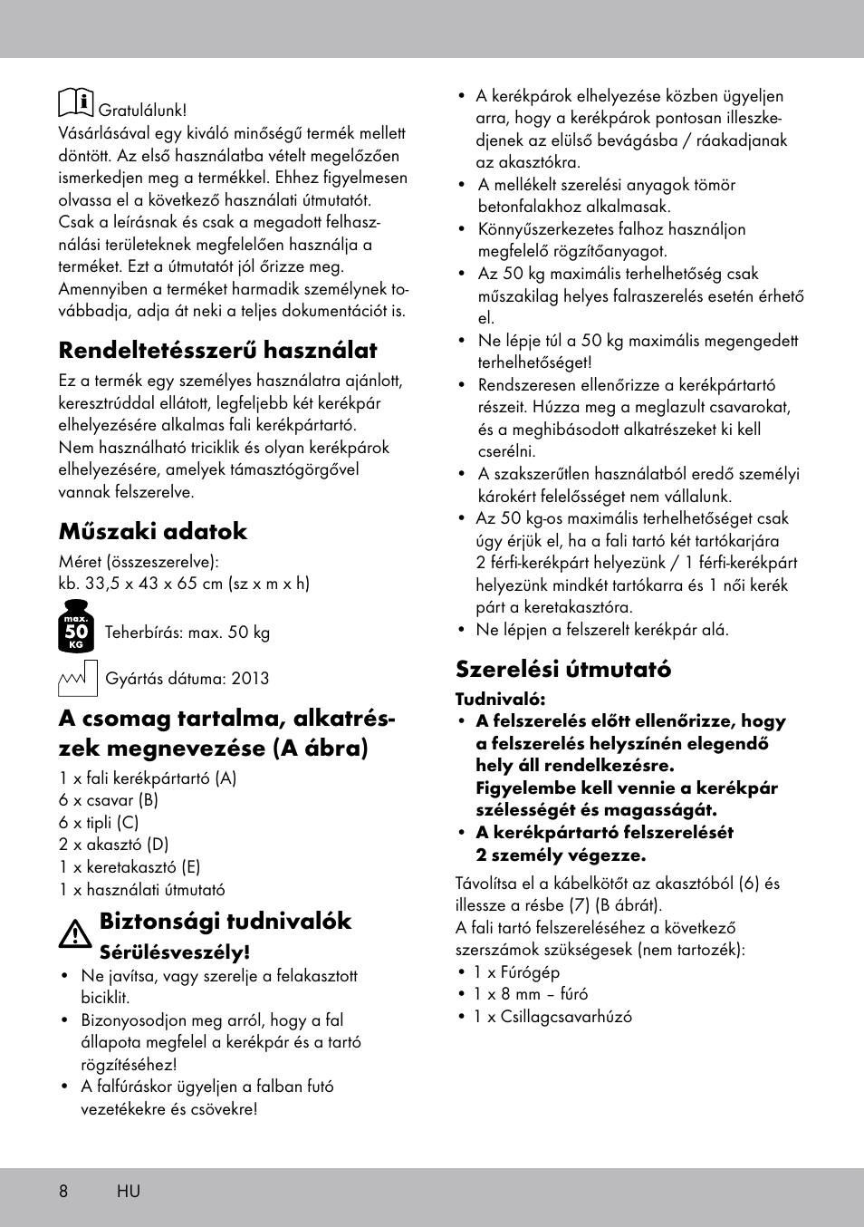 Rendeltetésszerű használat, Műszaki adatok, Biztonsági tudnivalók | Szerelési útmutató | Powerfix Bicycle Wall Bracket User Manual | Page 8 / 20