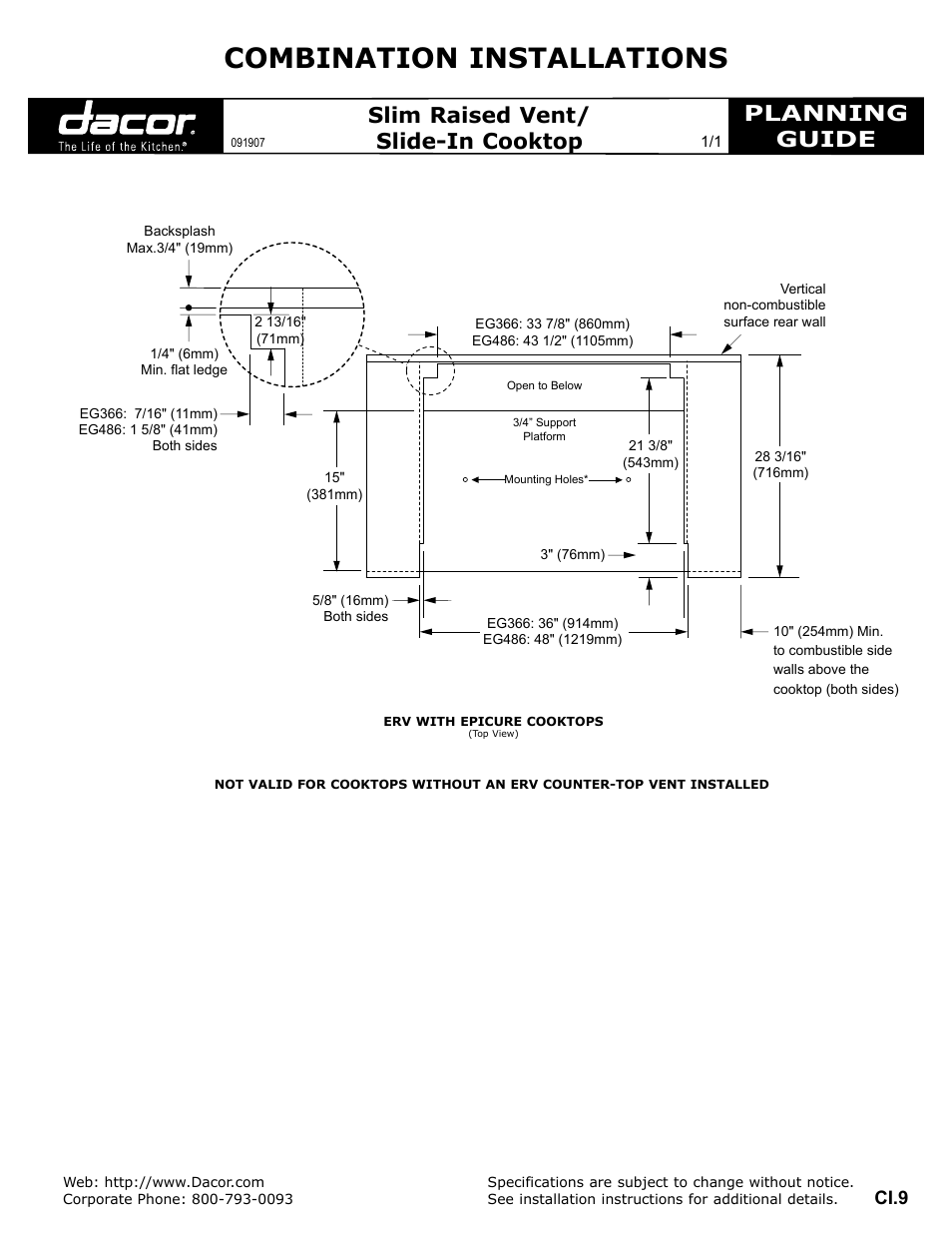 Dacor Slim Raised Vent/Slide-In Cooktop User Manual | 1 page