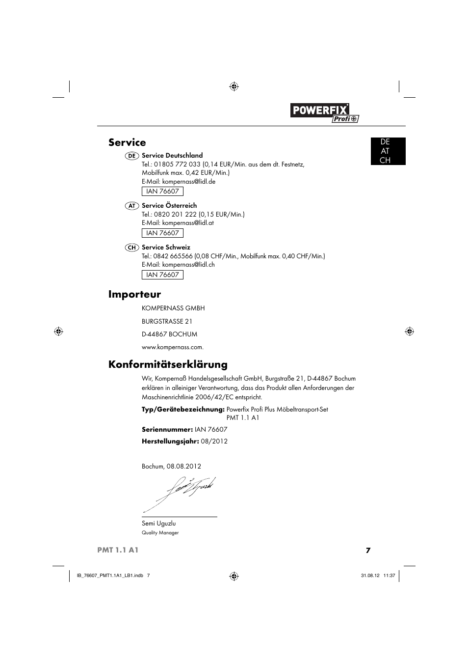 Service, Importeur, Konformitätserklärung | De at ch | Powerfix PMT 1.1 A1 User Manual | Page 10 / 44