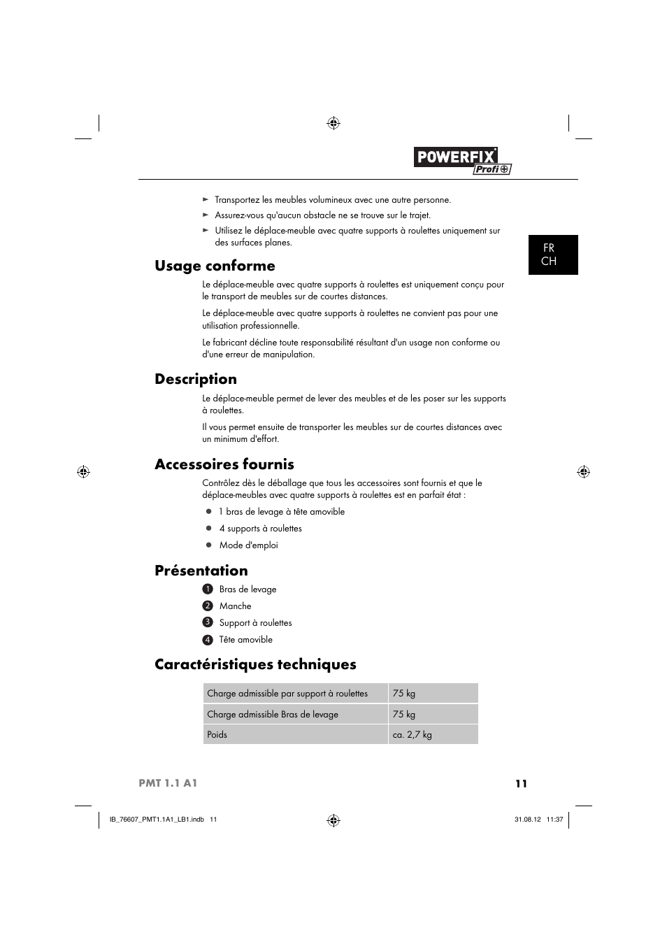 Usage conforme, Description, Accessoires fournis | Présentation, Caractéristiques techniques, Fr ch | Powerfix PMT 1.1 A1 User Manual | Page 14 / 44