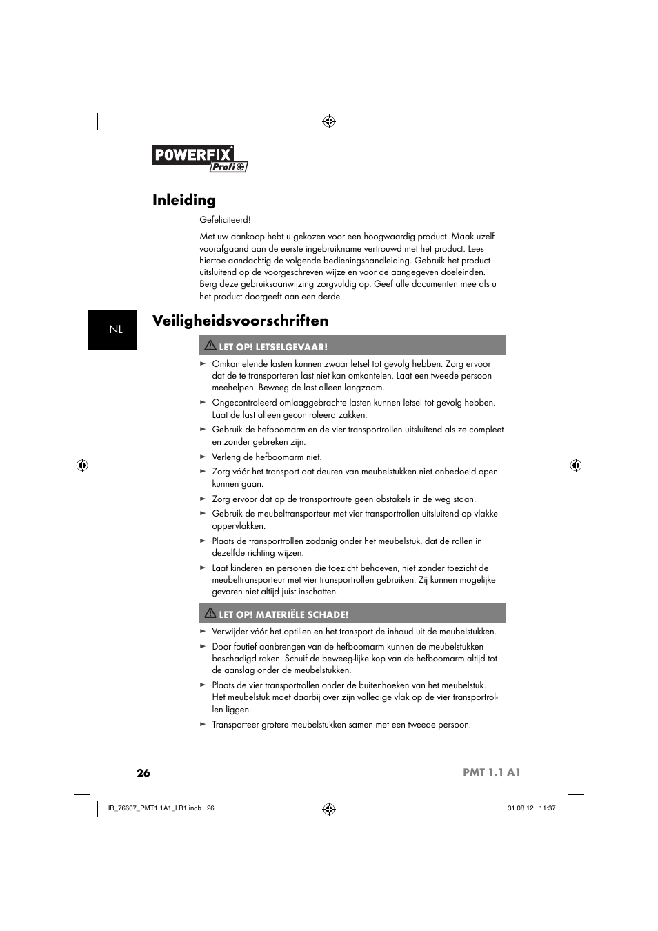 Inleiding, Veiligheidsvoorschriften | Powerfix PMT 1.1 A1 User Manual | Page 29 / 44