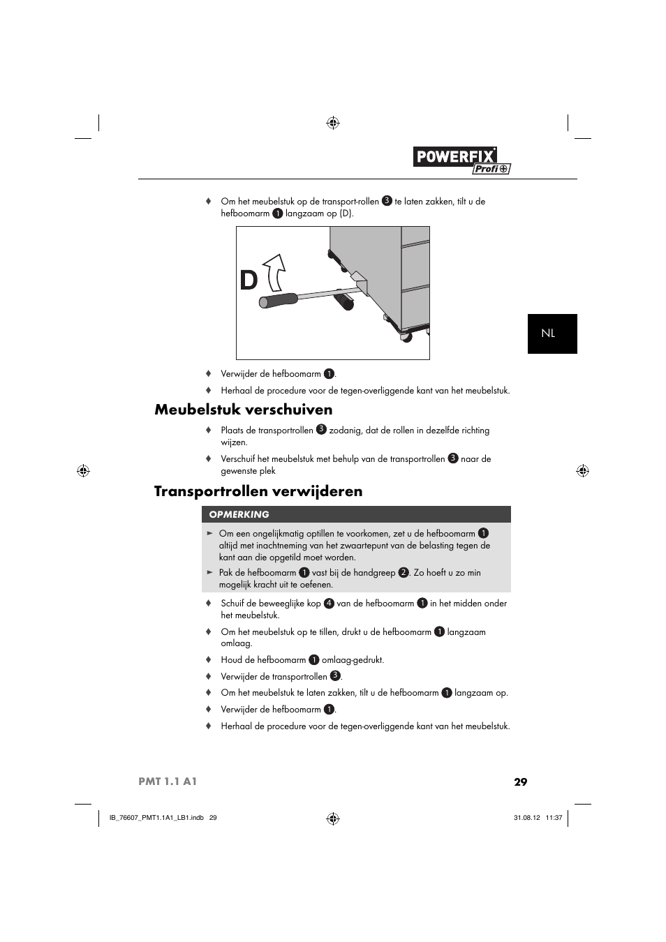 Meubelstuk verschuiven, Transportrollen verwijderen | Powerfix PMT 1.1 A1 User Manual | Page 32 / 44