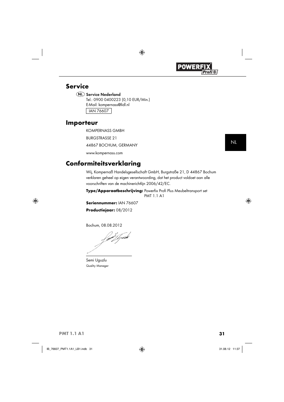 Service, Importeur, Conformiteitsverklaring | Powerfix PMT 1.1 A1 User Manual | Page 34 / 44