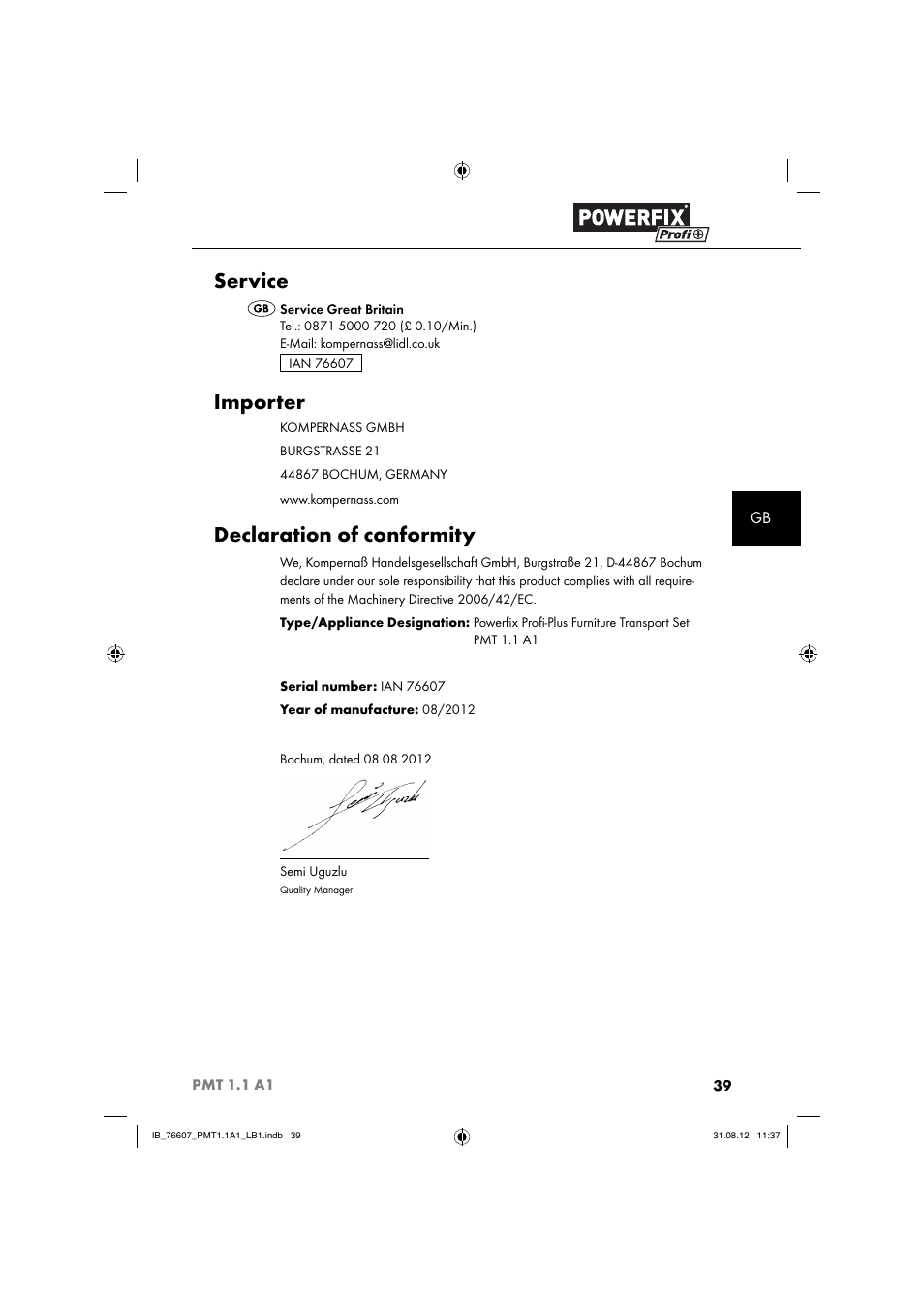 Service, Importer, Declaration of conformity | Powerfix PMT 1.1 A1 User Manual | Page 42 / 44