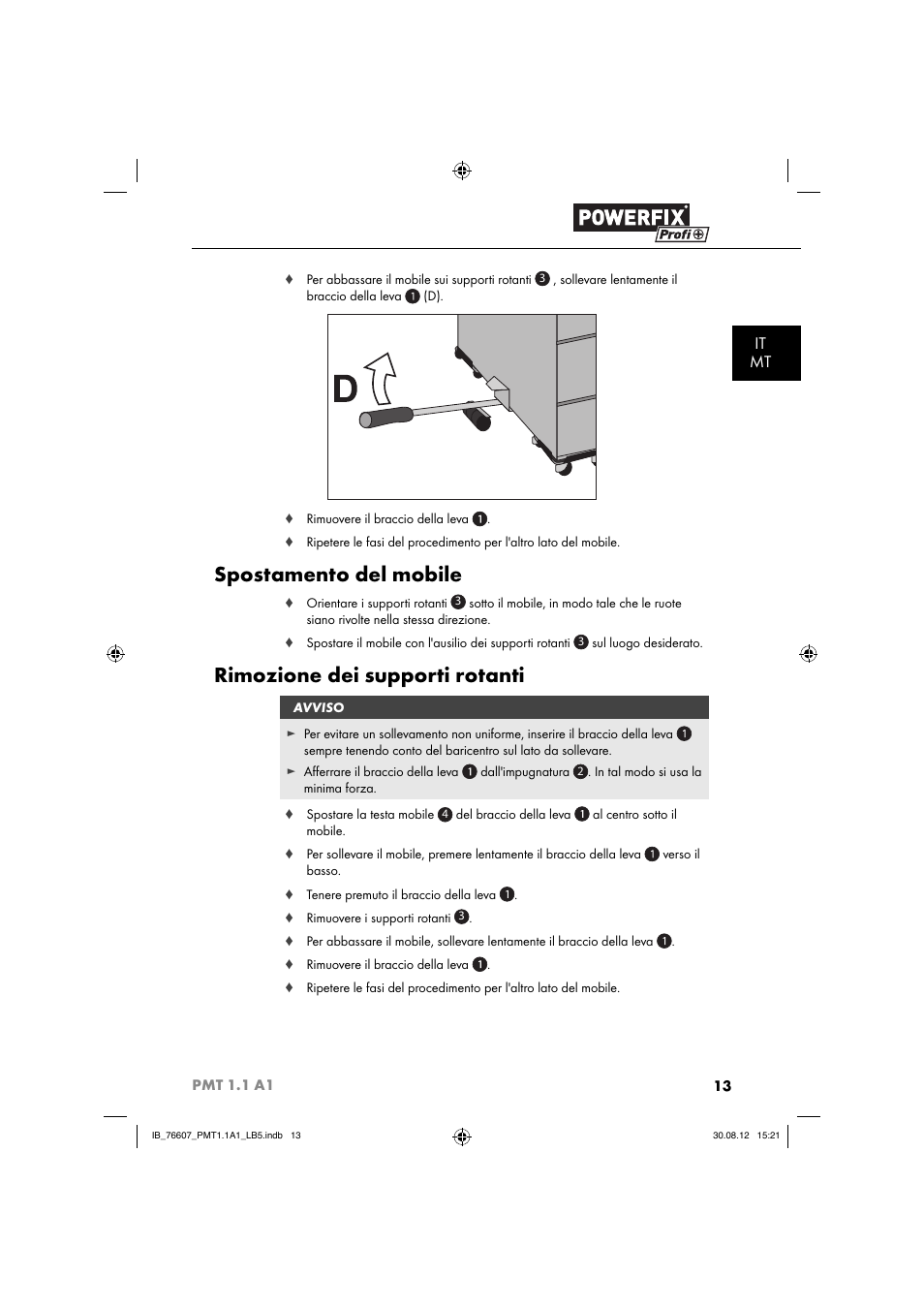 Spostamento del mobile, Rimozione dei supporti rotanti, It mt | Powerfix PMT 1.1 A1 User Manual | Page 16 / 43