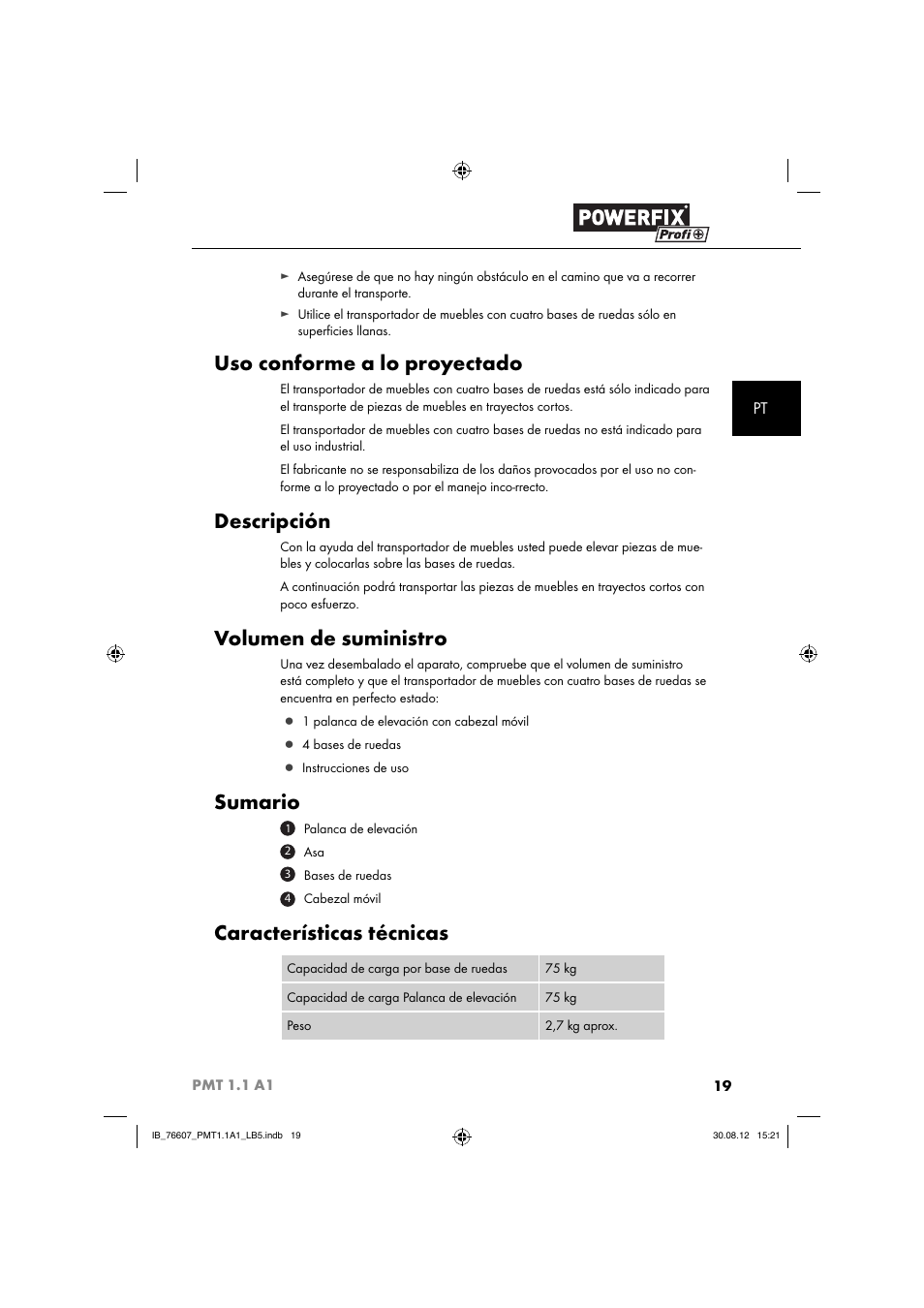 Uso conforme a lo proyectado, Descripción, Volumen de suministro | Sumario, Características técnicas | Powerfix PMT 1.1 A1 User Manual | Page 22 / 43