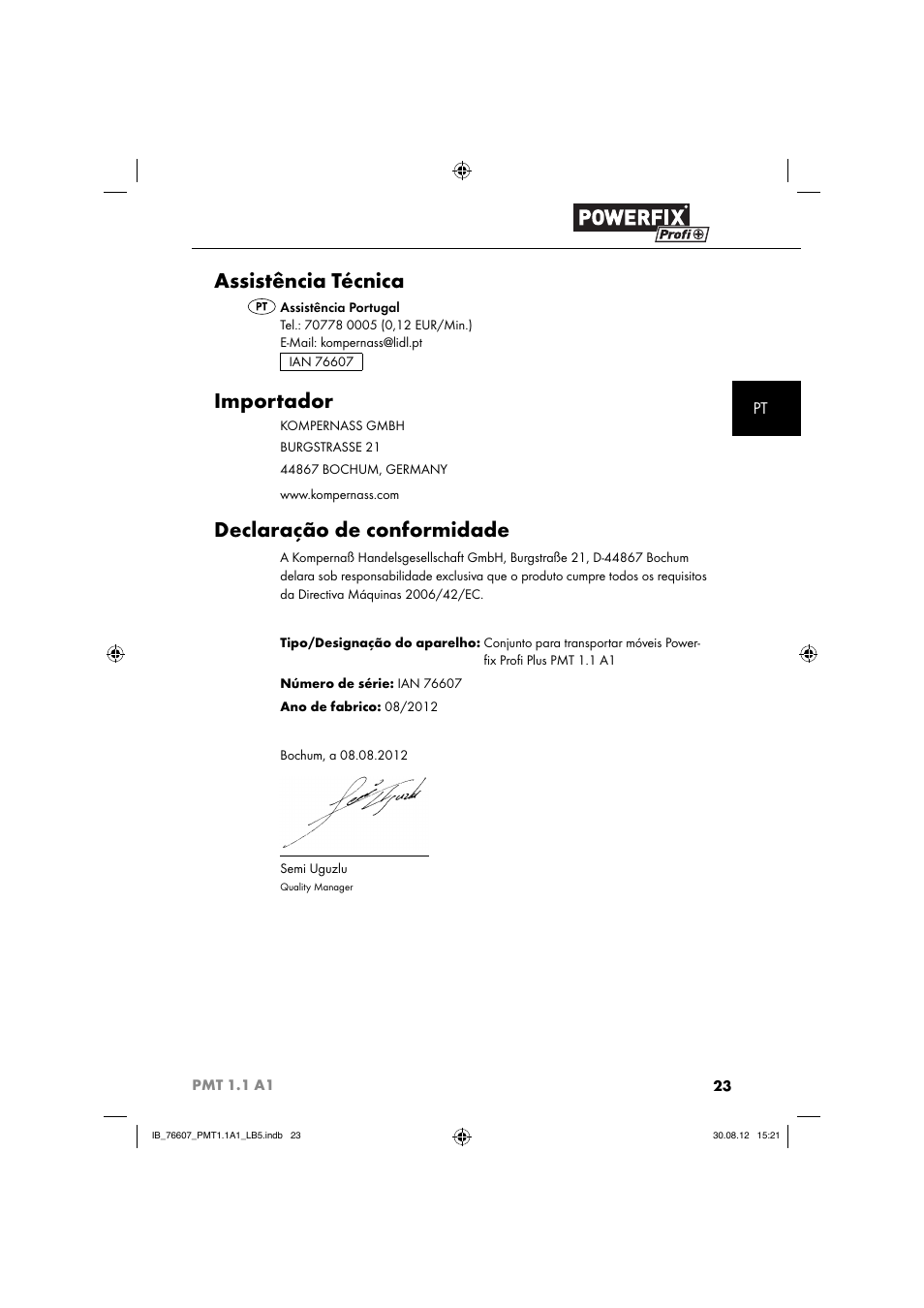 Assistência técnica, Importador, Declaração de conformidade | Powerfix PMT 1.1 A1 User Manual | Page 26 / 43