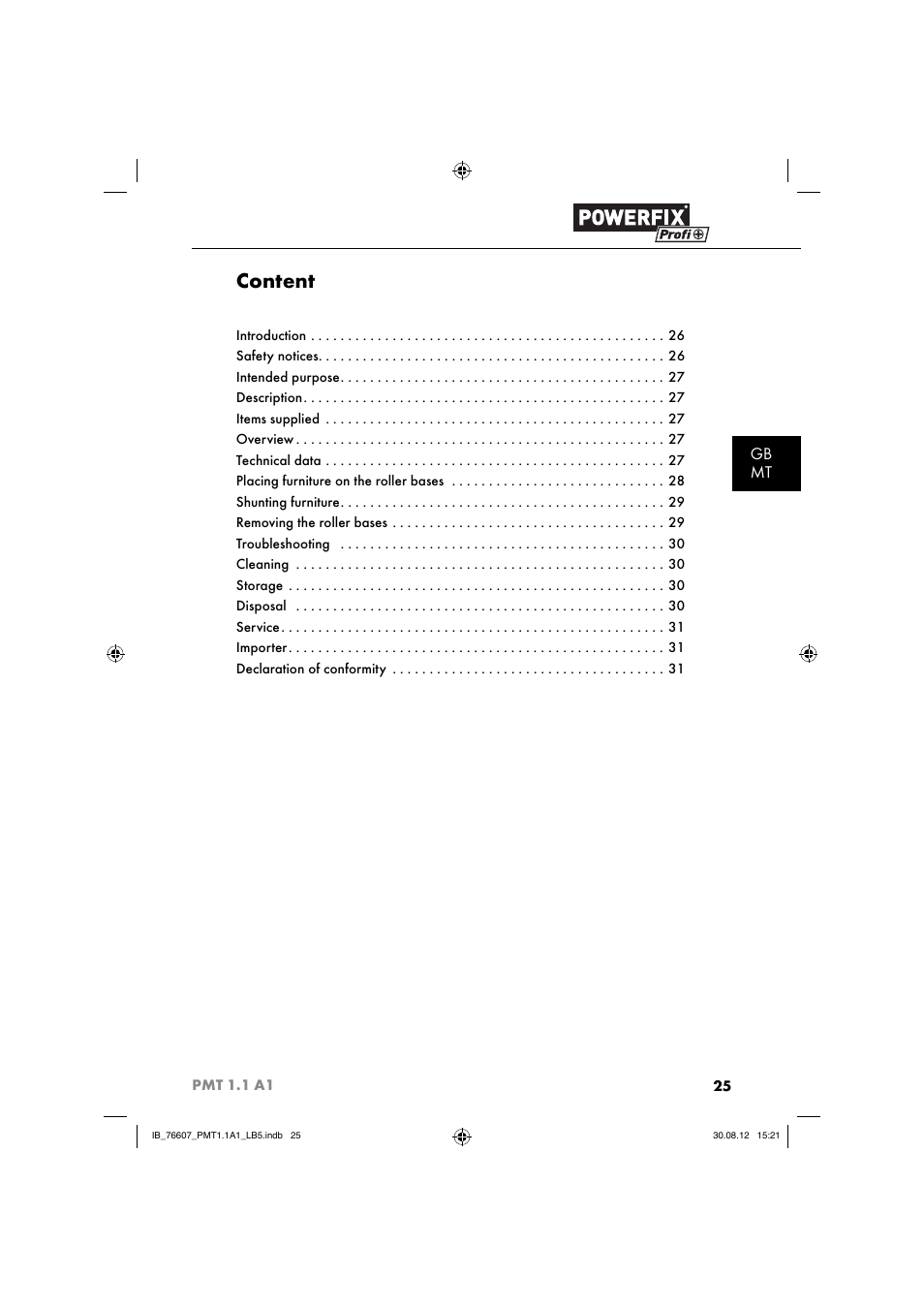 Content, Gb mt | Powerfix PMT 1.1 A1 User Manual | Page 28 / 43