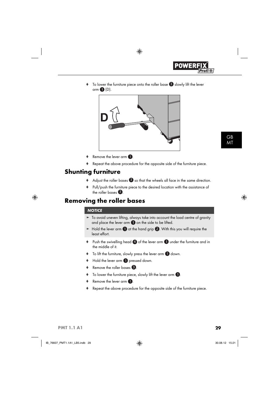 Shunting furniture, Removing the roller bases, Gb mt | Powerfix PMT 1.1 A1 User Manual | Page 32 / 43